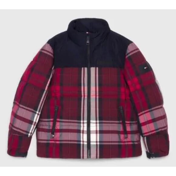 Tommy Hilfiger Mens Check New York Puffer Hooded Coat Red White Blue Sz Medium